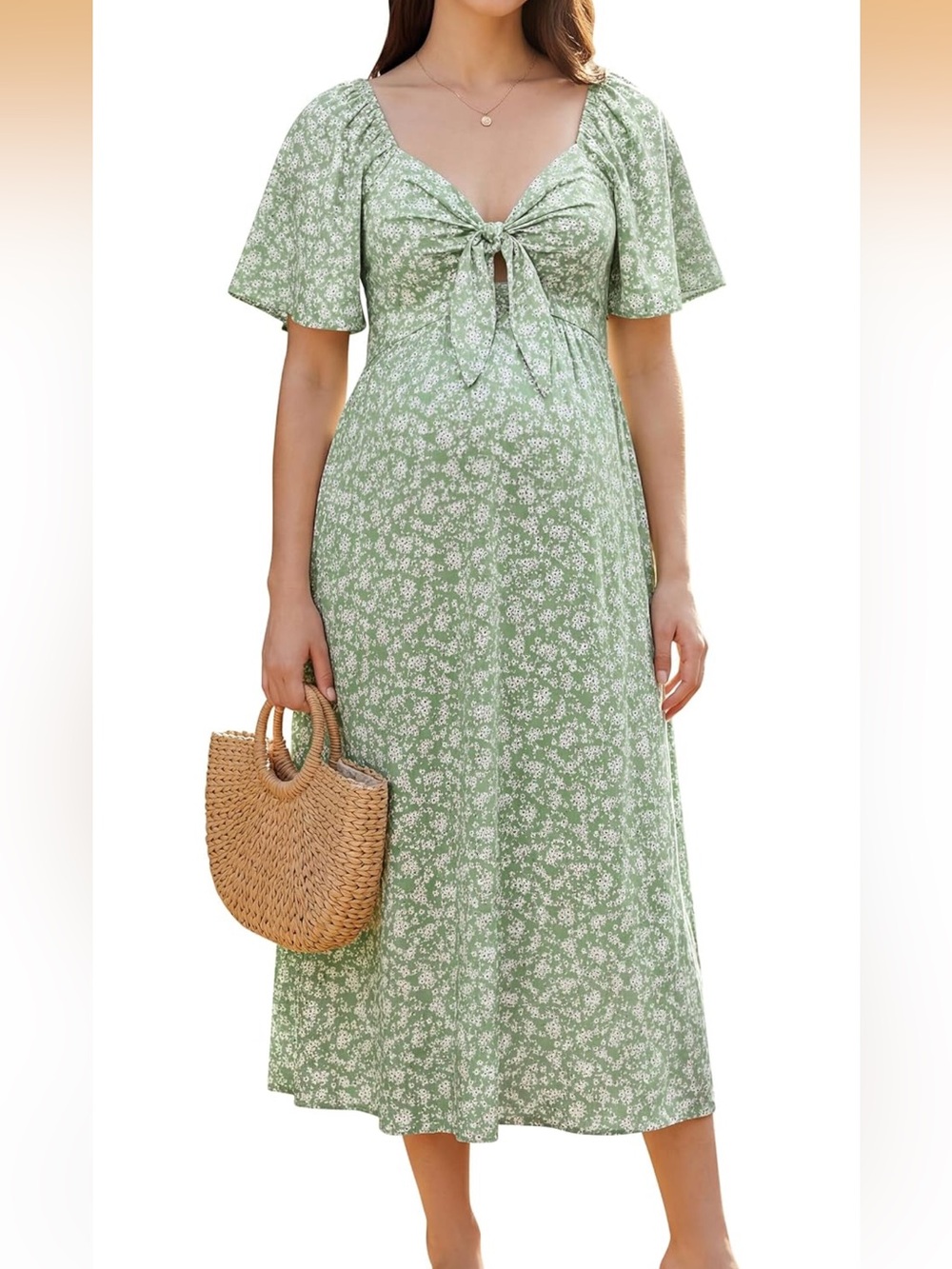 Green Floral Tie-Front Midi Dress